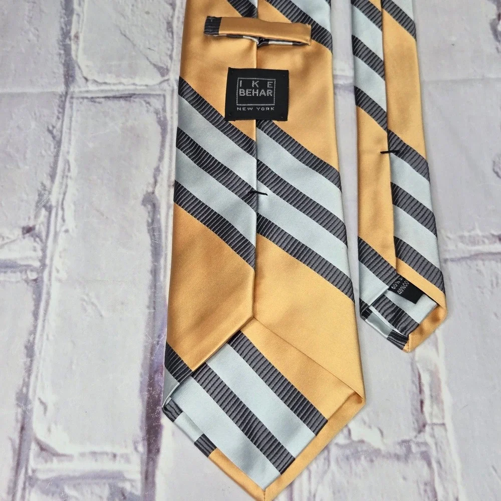 Ike Behar Tie Gold Silver Grey Striped Silk Cotton Blend Business Dress Mens
